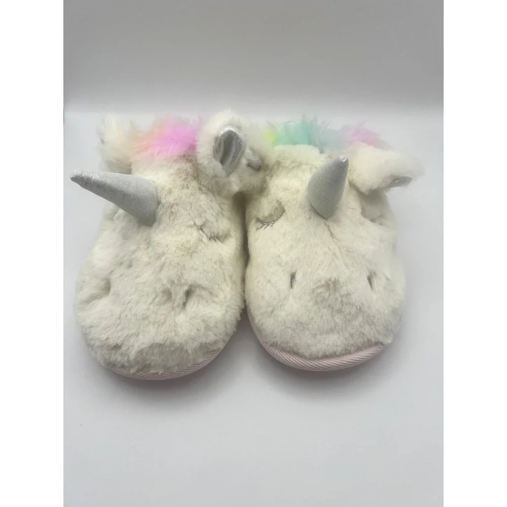 Cat & Jack Unicorn Slippers Kids Size S 13/1 Rainbow Faux Fur Plush Slip On Girl